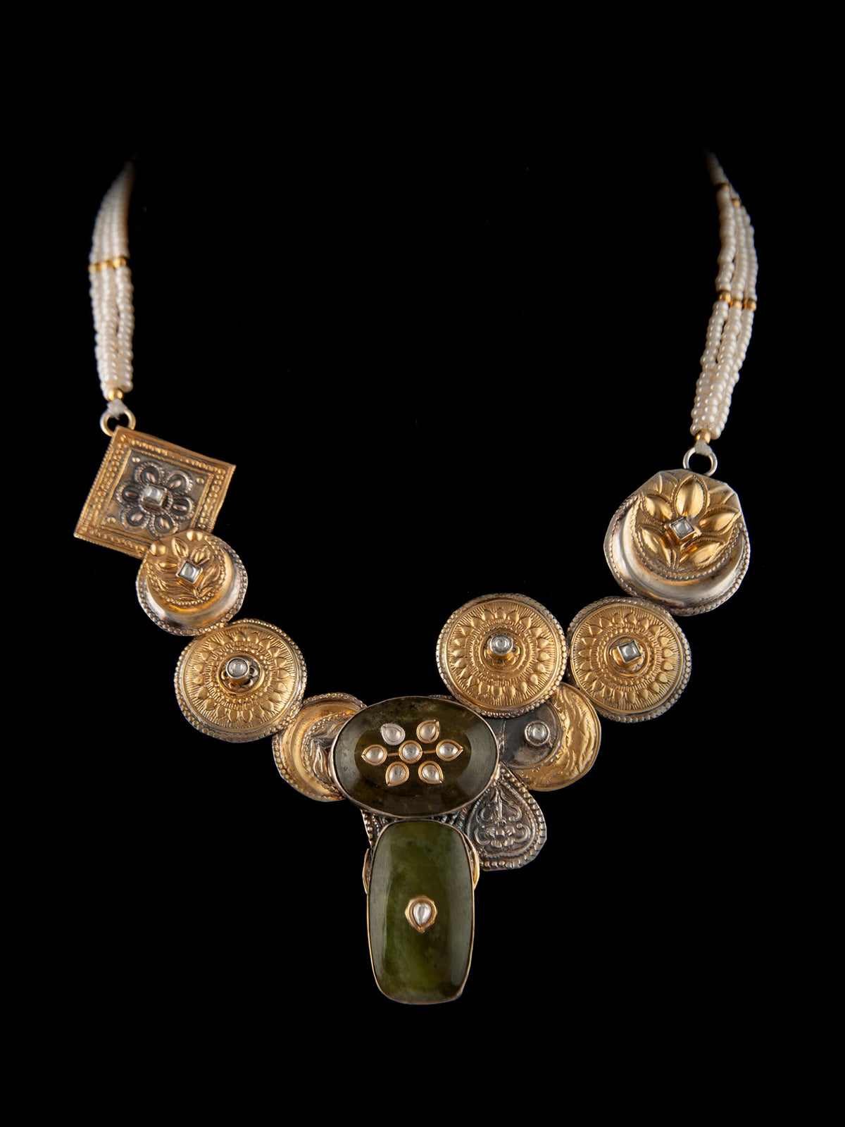 925 Sterling Silver Two Tone 22K Gold Plated Pearl Beaded Necklace With Aventurine Gemstone and White Kundan view 5