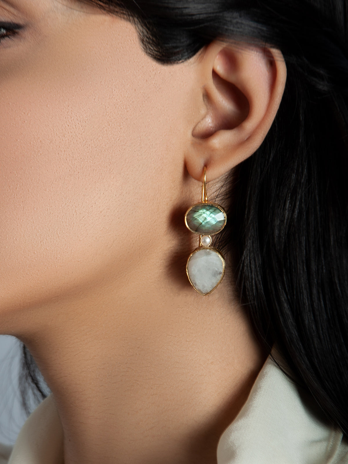 925 Sterling Silver Gold Plated Fish Hook Earrings with Labradorite and Rainbow Moonstone view 1