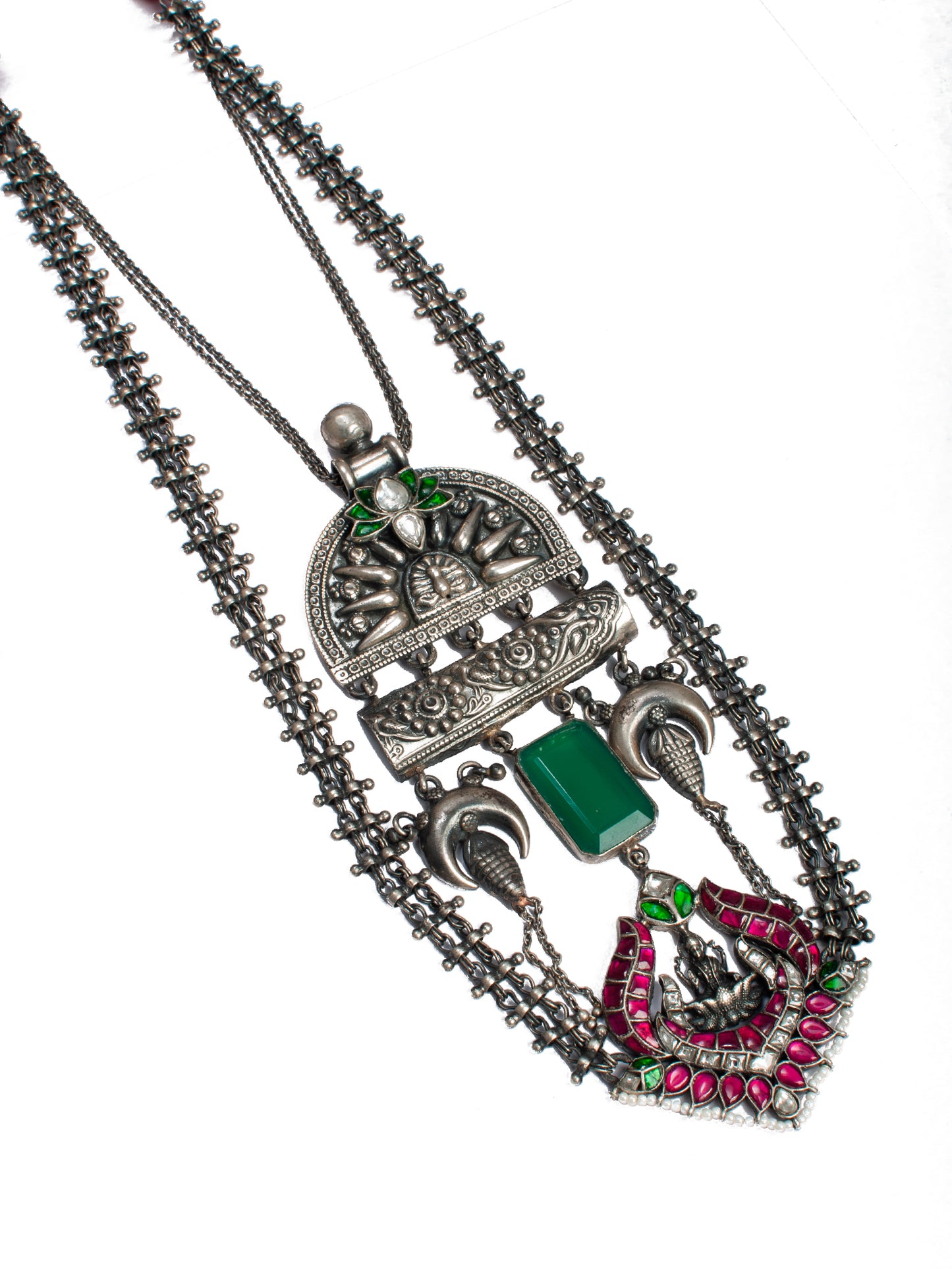 925 Sterling Silver Necklace With Green Onyx Gemstone and Green, Pink and White Kundan