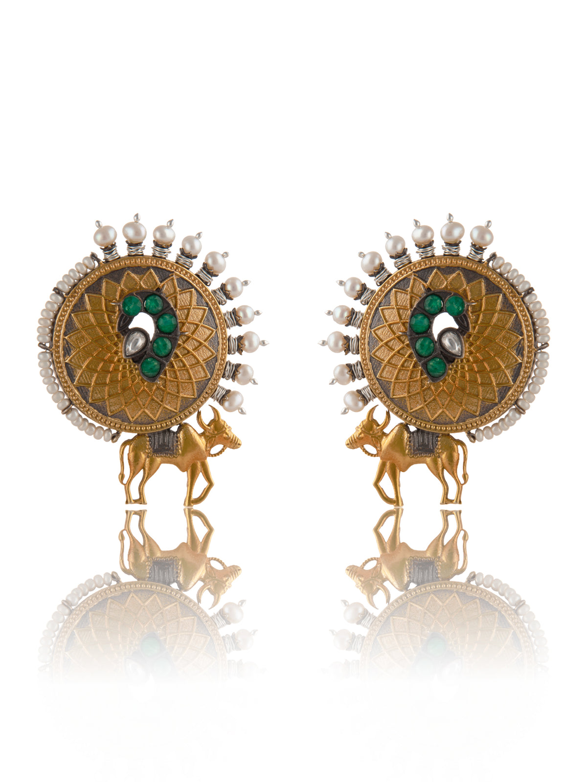 925 Sterling Silver Two Tone Gold Plated Nandi Studs Earrings With Pearl, Green Onyx and Kundan Gemstone view 5