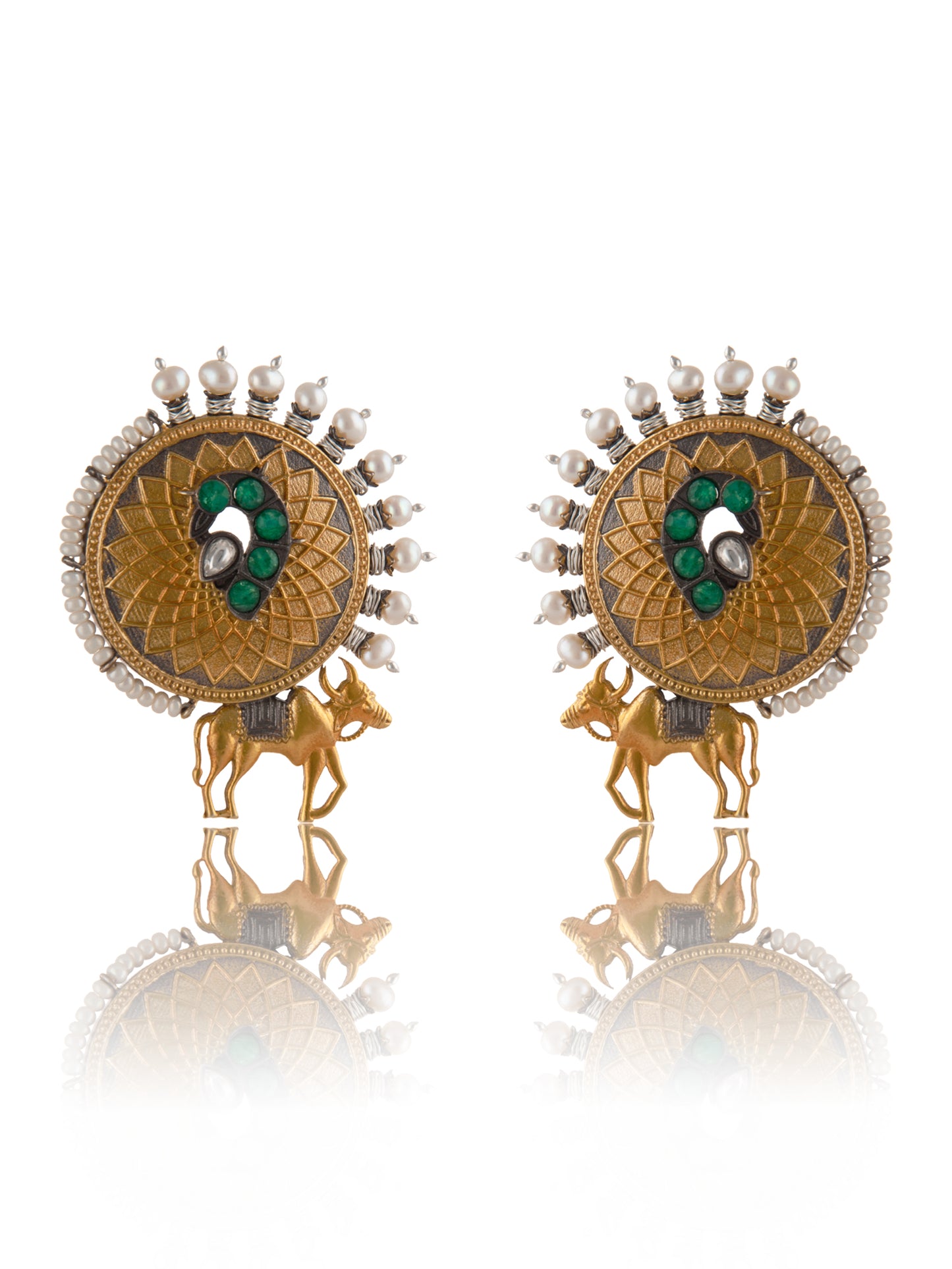 925 Sterling Silver Two Tone Gold Plated Nandi Studs Earrings With Pearl, Green Onyx and Kundan Gemstone