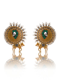 925 Sterling Silver Two Tone Gold Plated Nandi Studs Earrings With Pearl, Green Onyx and Kundan Gemstone view 5