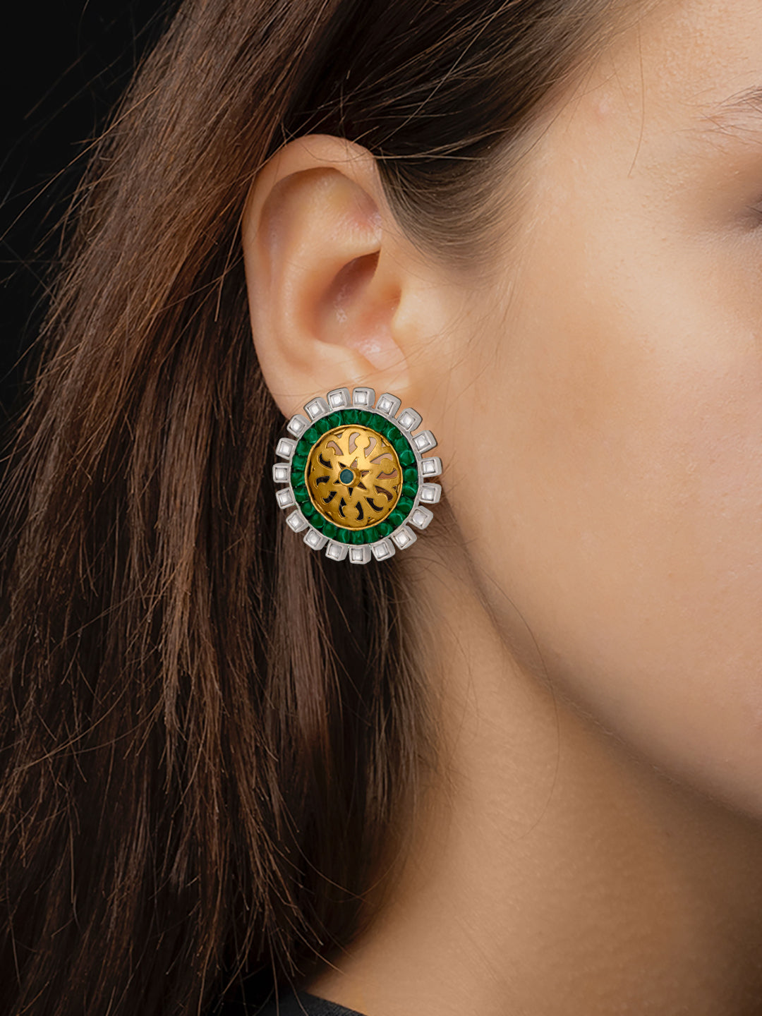 Green Kundan Studs with Green Onyx view 2
