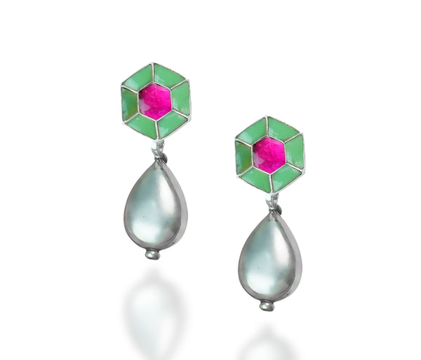 925 Silver Pink and Blue Signature Earring with Drop