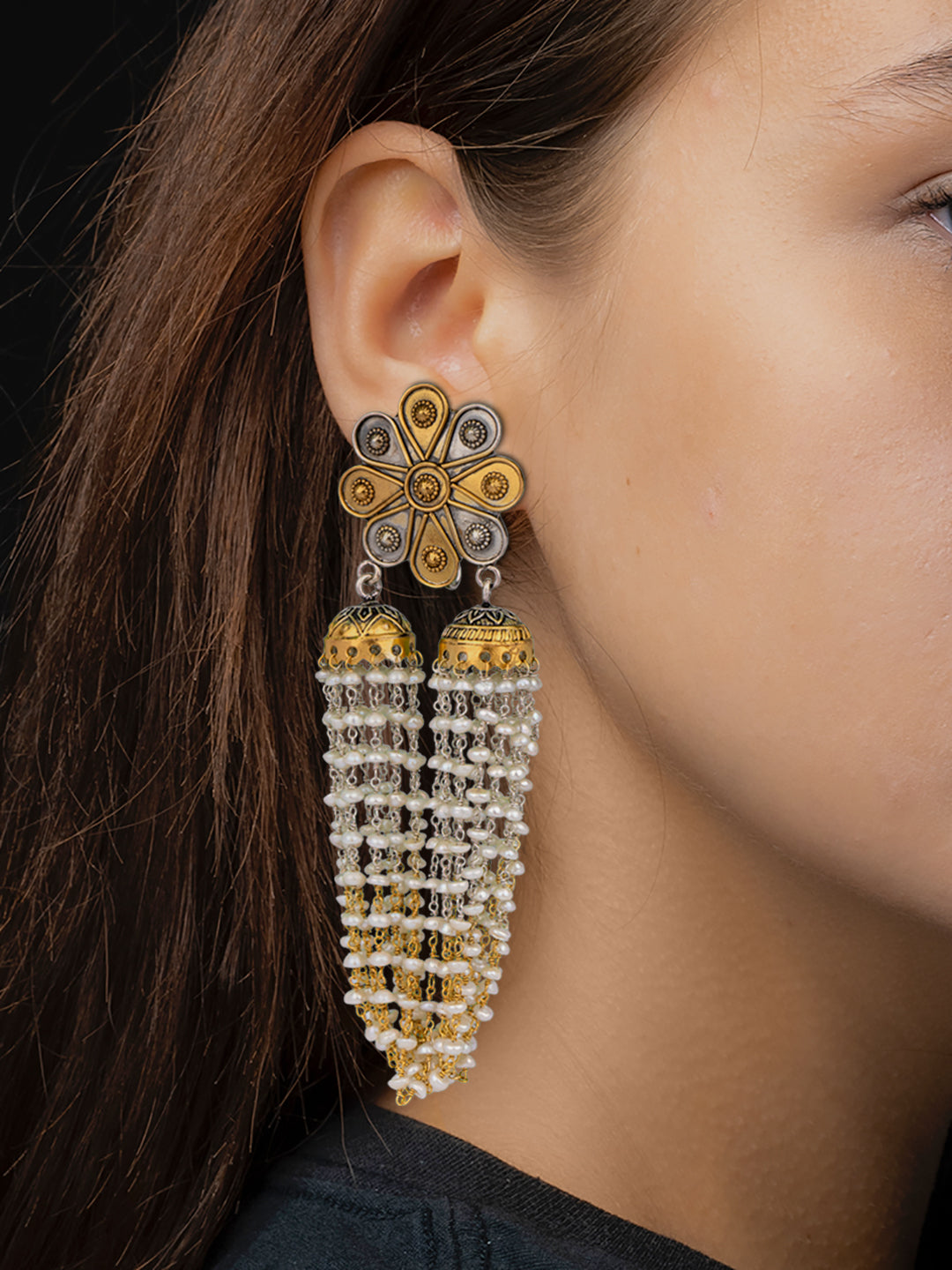 925 Sterling Silver Two Tone Double Jhumki Fusion Earringss view 2