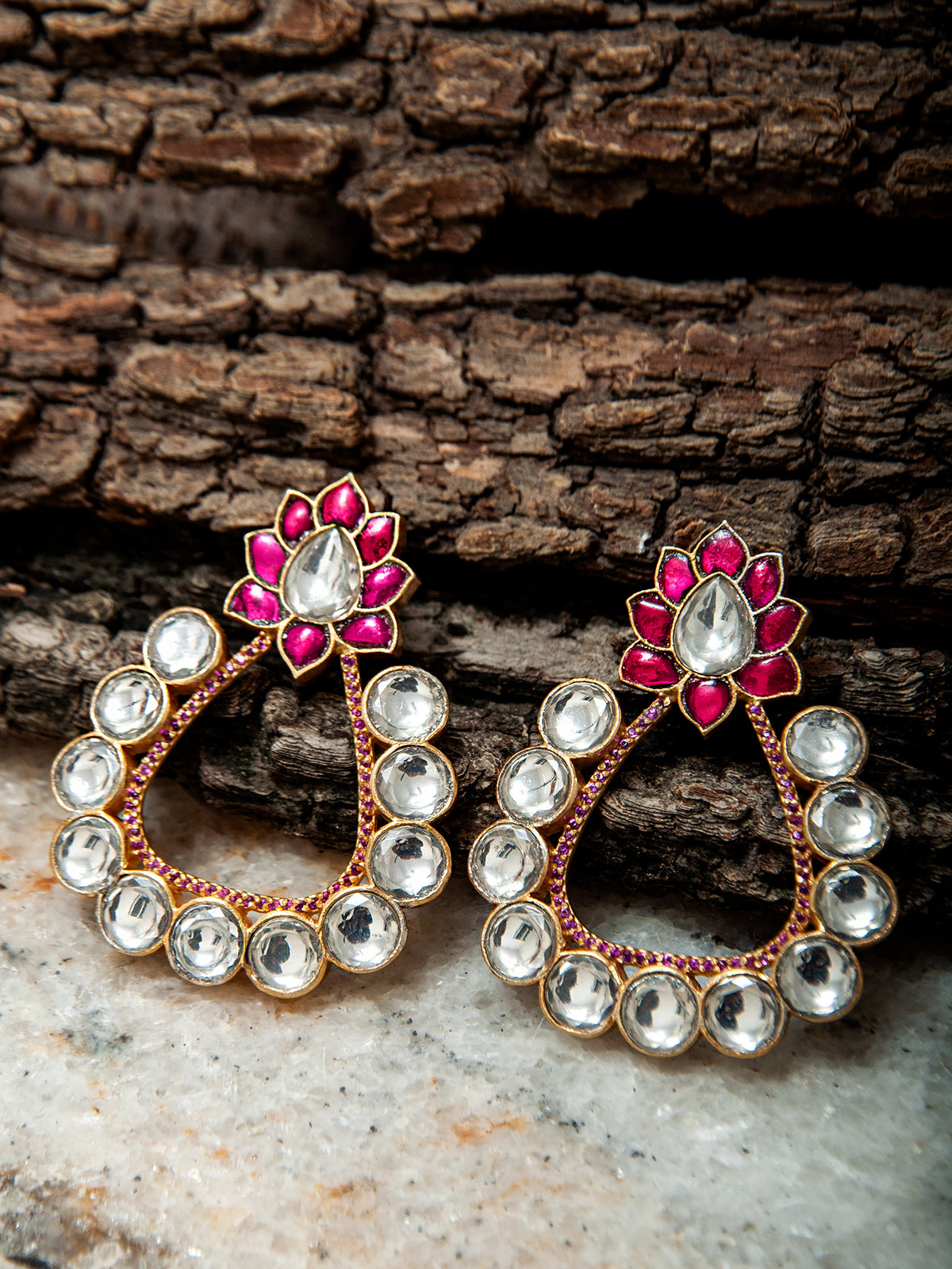 925 Sterling Silver White and Red Kundan Floral Earrings view 2