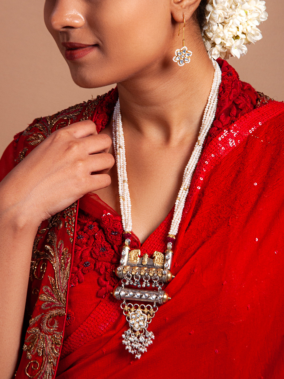 Svarnam Kundan and Pearl Long Necklace view 2