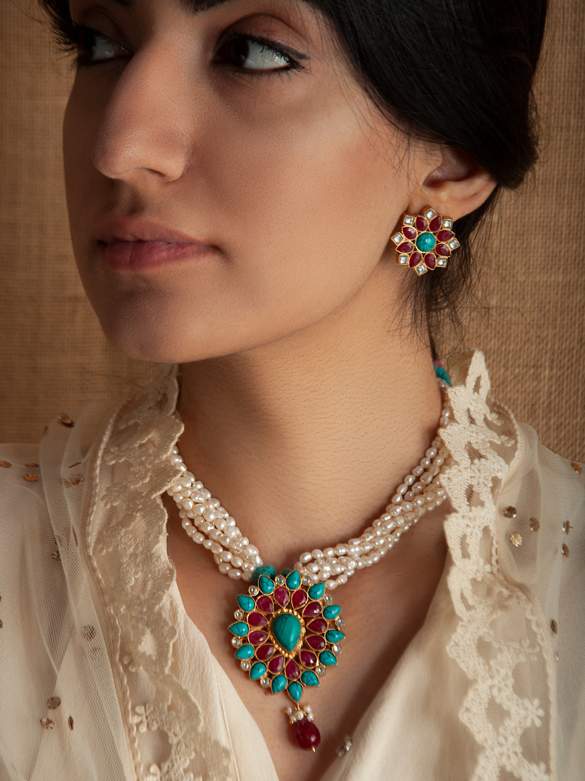 925 Sterling Silver 22K Gold Plated Pearl Beaded Necklace With  Turquoise and Ruby Gemstone view 8
