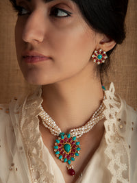 925 Sterling Silver 22K Gold Plated Pearl Beaded Necklace With  Turquoise and Ruby Gemstone view 8