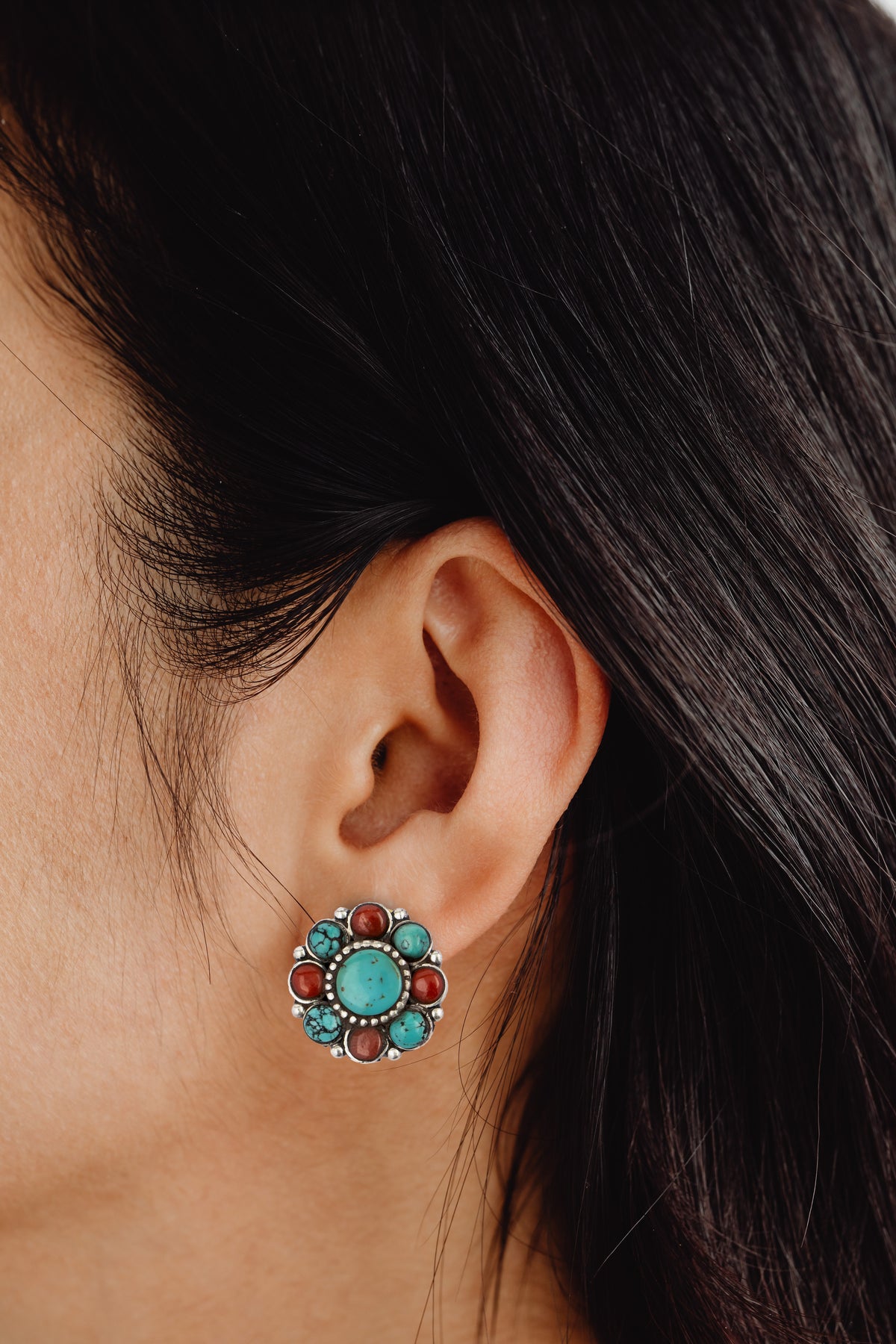 925 Sterling Silver Studs with Turquoise and Red Coral Gemstones view 3
