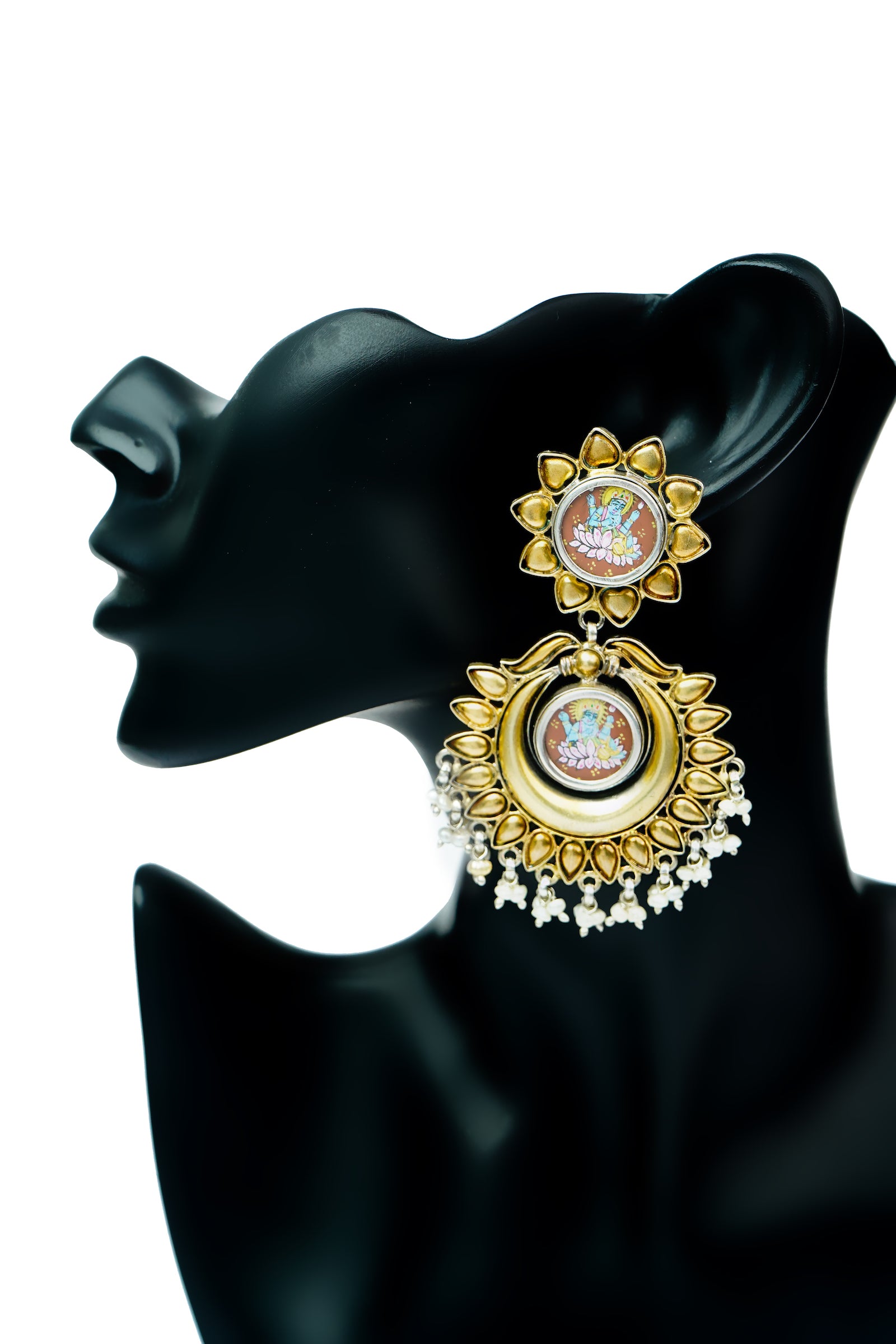 Silver Gold Plated Earrings with Hand Painting - Neeta Boochra Jewellery