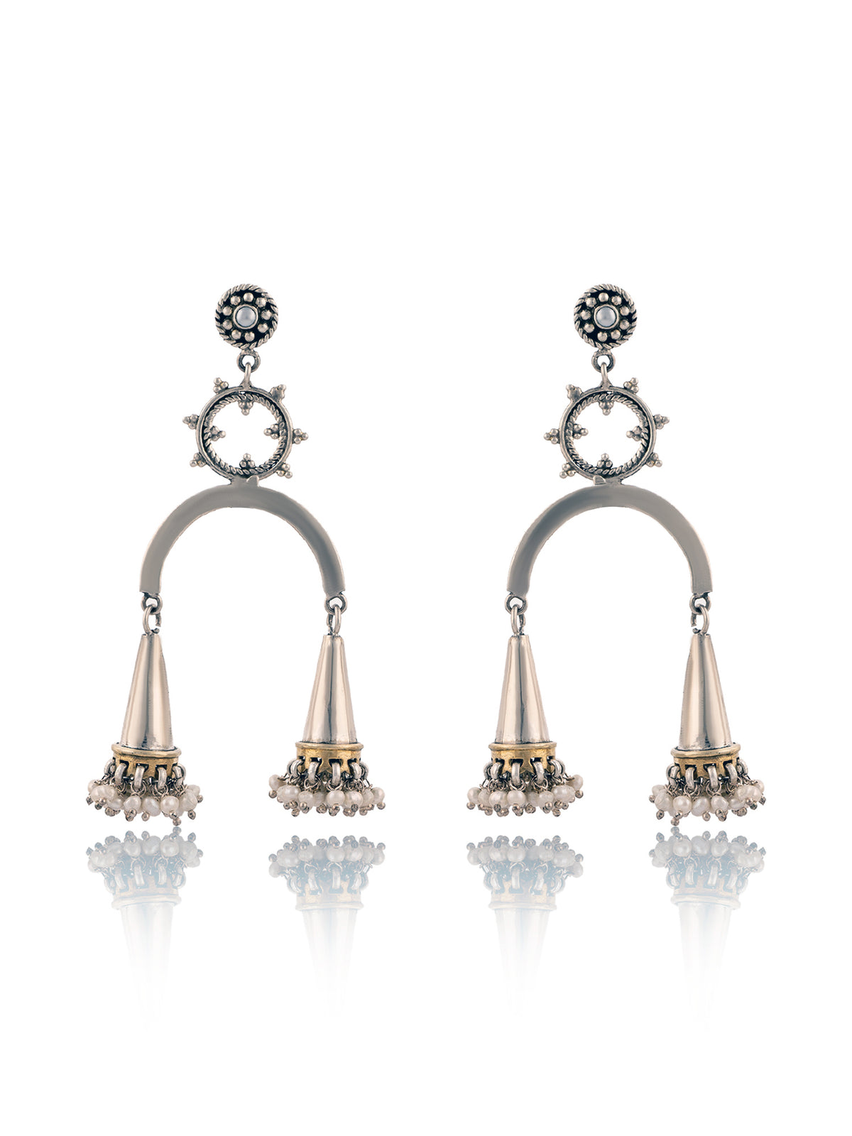 925 Sterling Silver Two Tone Fusion Jhumki Statement Earrings with Pearl view 3