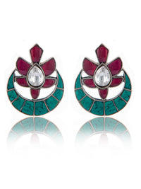 925 Sterling Silver Multicolored Kundan Mini Chandbali Stud Earrings view 3