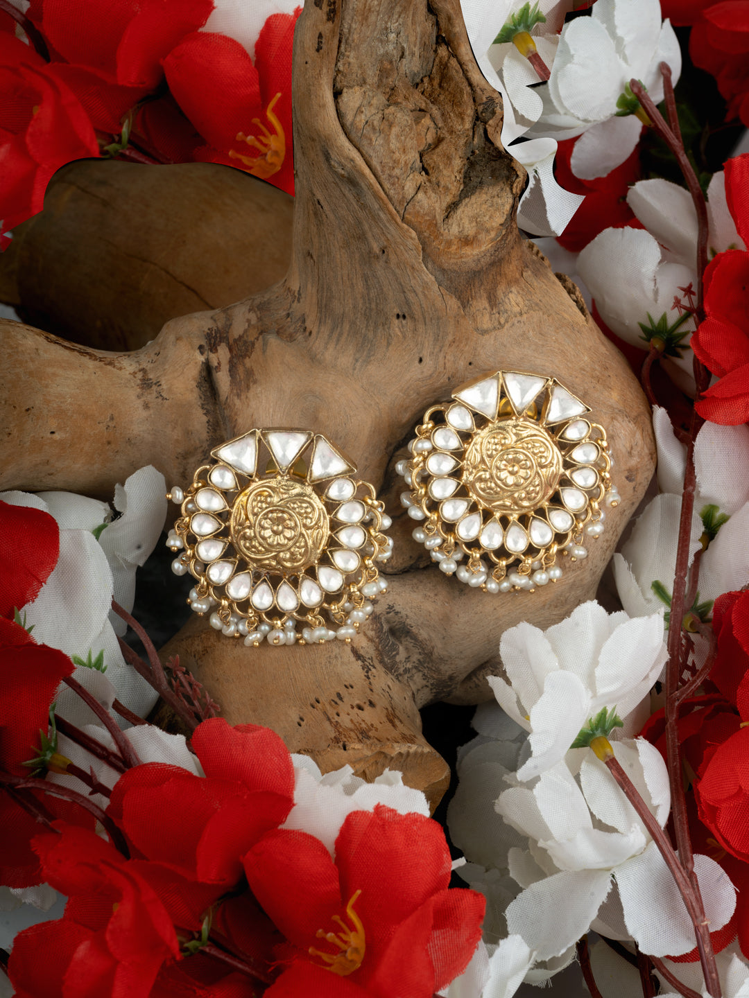 925 Sterling Silver Gold Plated Floral Chitai Earrings view 3