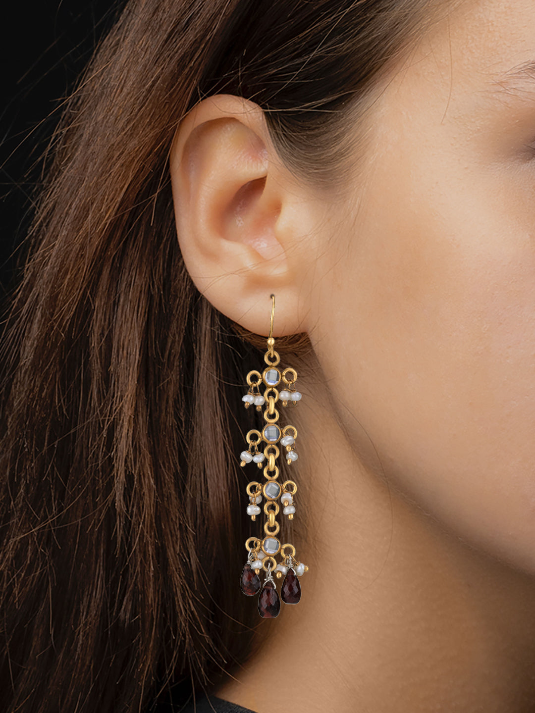 Checker Gold Plated Danglers with Pearl and Smoky Quartz view 2