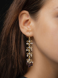 Checker Gold Plated Danglers with Pearl and Smoky Quartz view 2