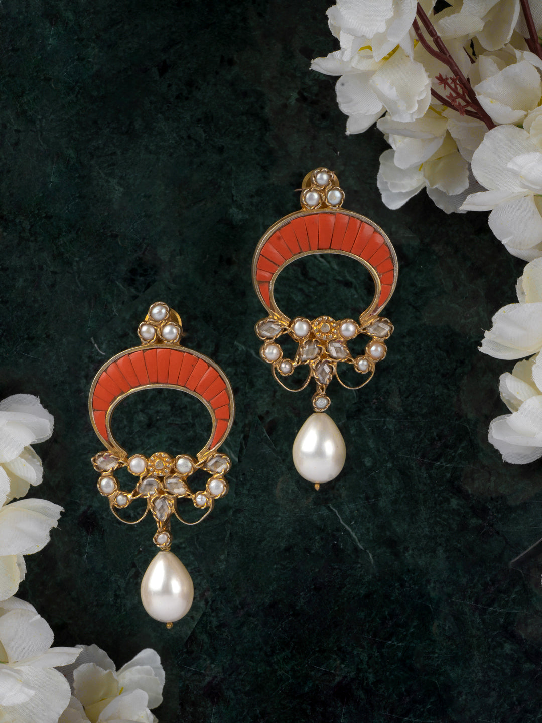 925 Sterling Silver Gold Plated Fusion Chaandbali with Red Corals and Pearl view 3