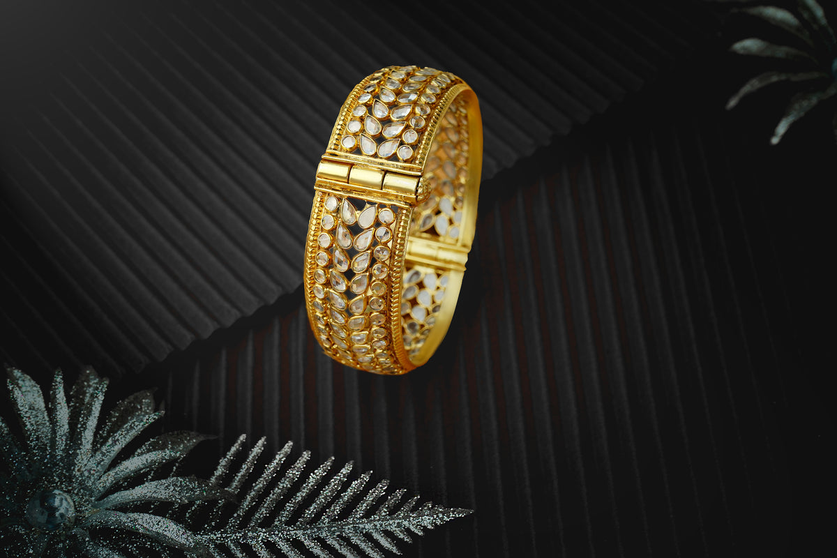 Silver Gold Plated Bangle with Checker Stones view 3
