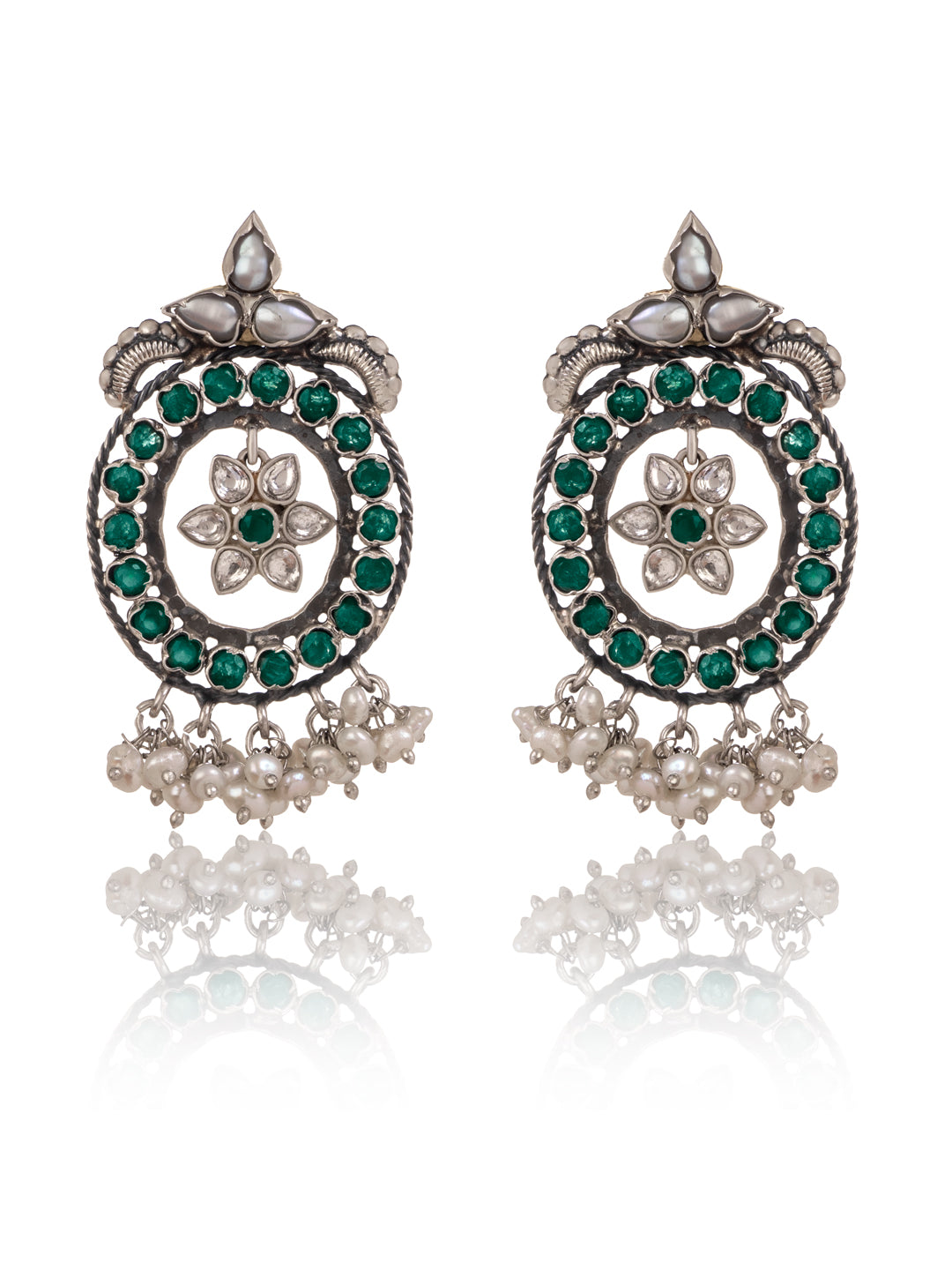 Floral Green Onyx and Pearl Earring view 1