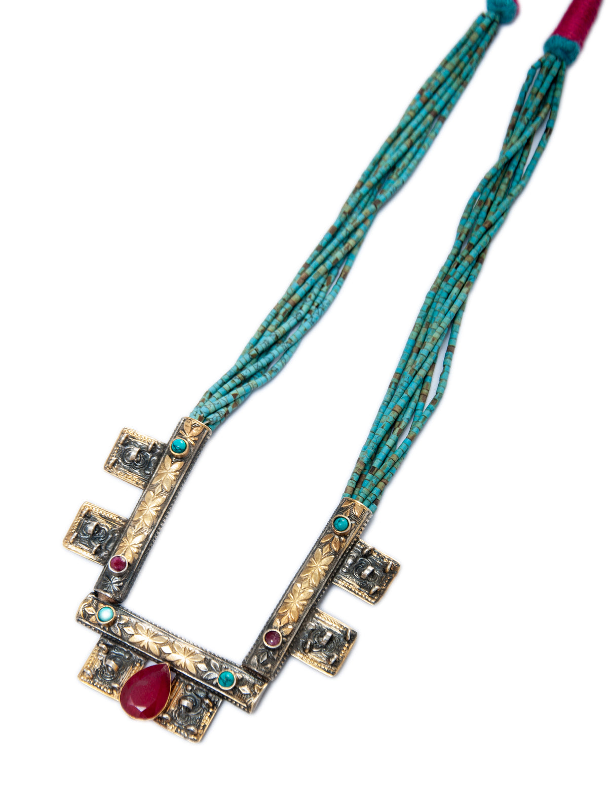 925 Sterling Silver Two Tone 22K Gold Plated Turquoise Beaded Necklace With Ruby and Turquoise Gemstone view 3