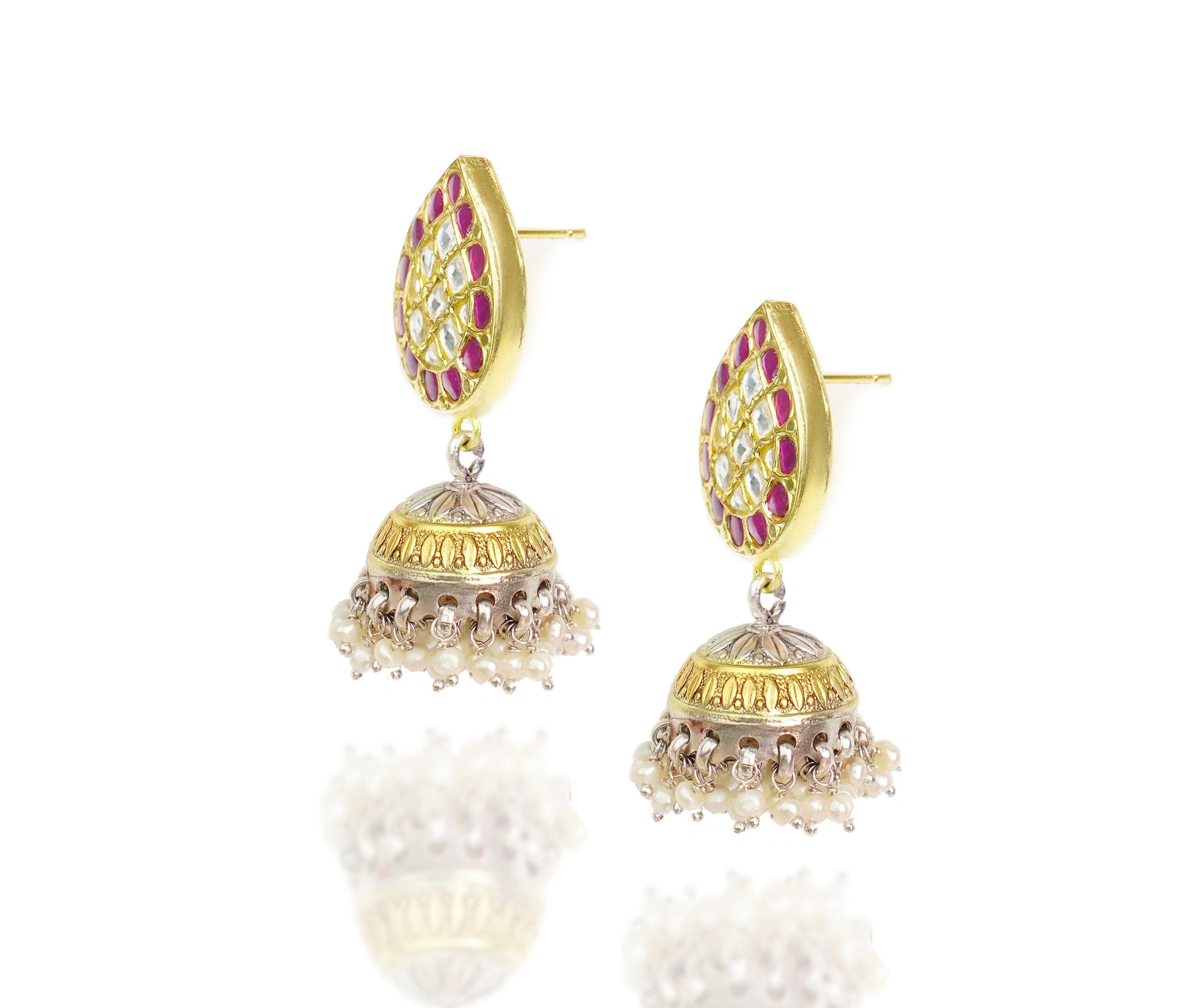 925 Silver Gold Plated Red and White Kundan Paan Jhumki Earrings - Neeta Boochra Jewellery