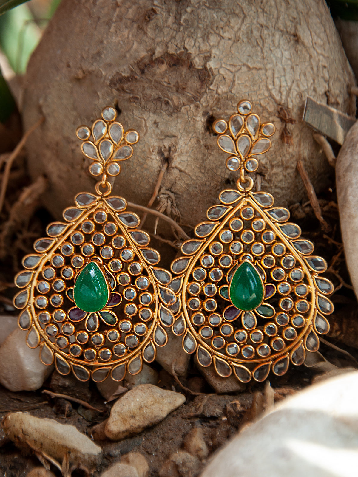 925 Sterling Silver 22K Gold Plated Checker Crystal Earrings with Green Onyx view 2