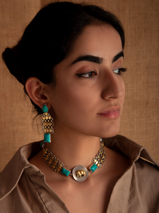 925 Sterling Silver Two Tone 22K Gold Plated Elephant Design Necklace With Turquoise Gemstone