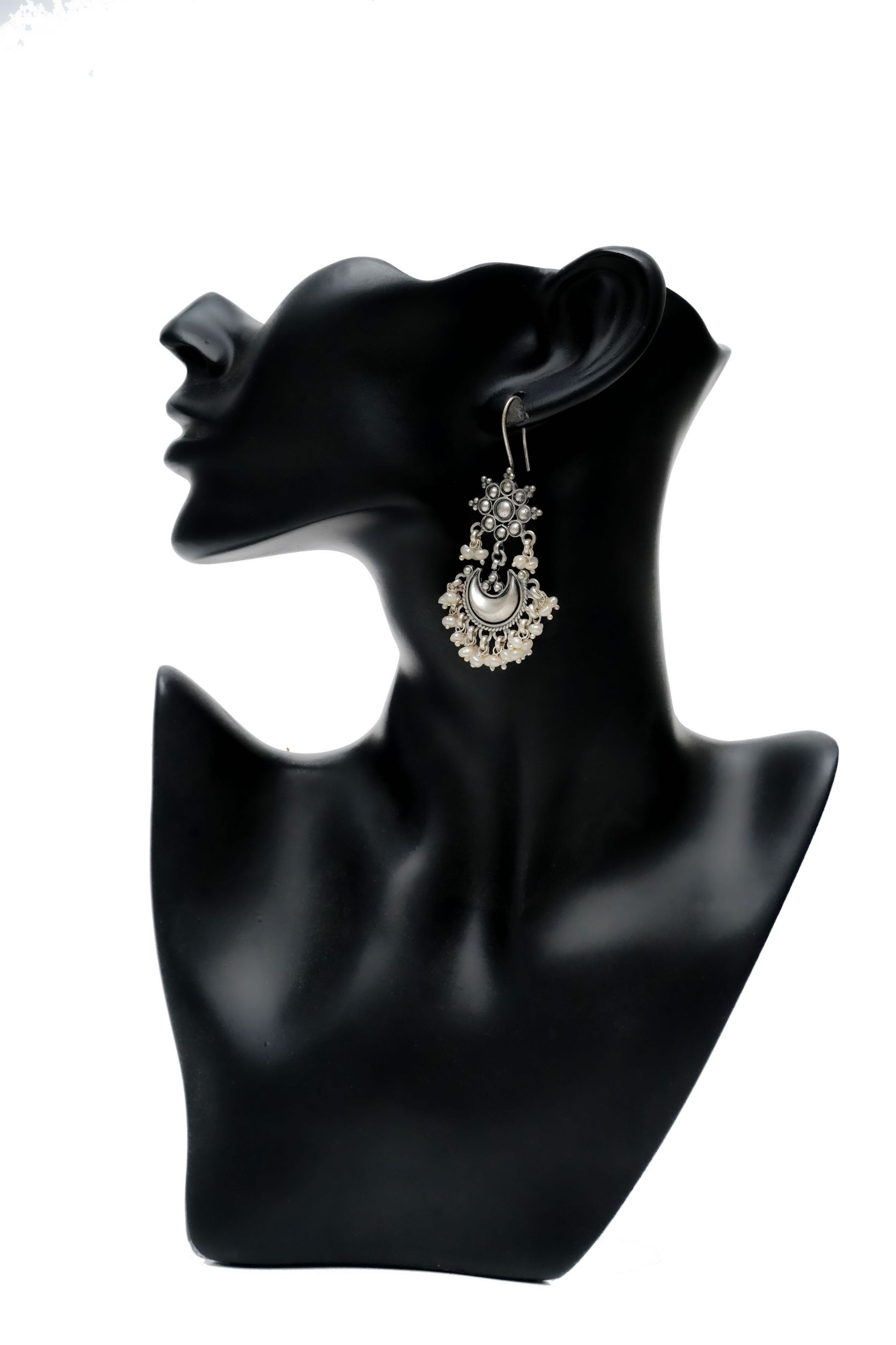 925 Silver Chaand Earrings with Pearls - Neeta Boochra Jewellery