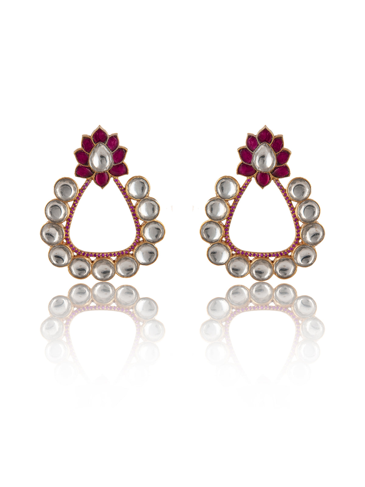 925 Sterling Silver White and Red Kundan Floral Earrings view 3