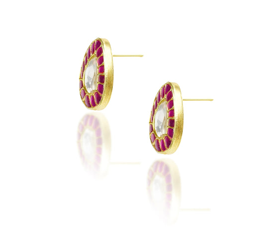 925 Silver Gold Plated White and Red Kundan Paan Studs