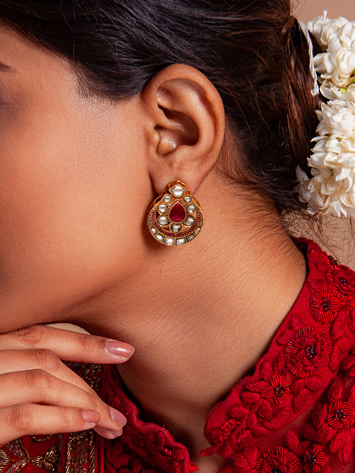 Svarnam Red and White Kundan Studs view 2