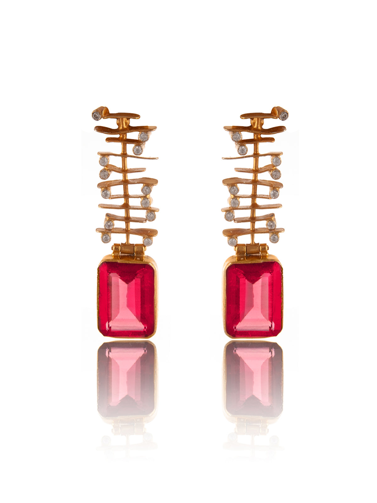 925 Sterling Silver 22K Gold Plated Pink Gemstone Danglers Earring With White Kundan view 6