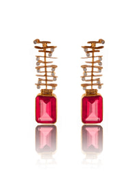 925 Sterling Silver 22K Gold Plated Pink Gemstone Danglers Earring With White Kundan view 6