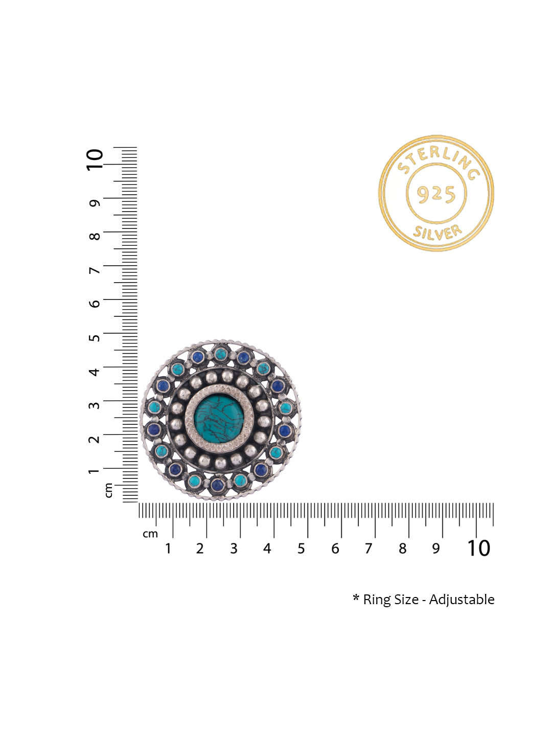 Turquoise and Blue Lapis Gemstone Adjustable Ring with Rawa Work view 3