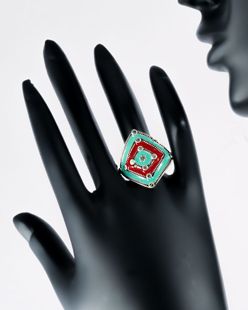 Turquoise Green and Red Meenakari Ring - Neeta Boochra Jewellery