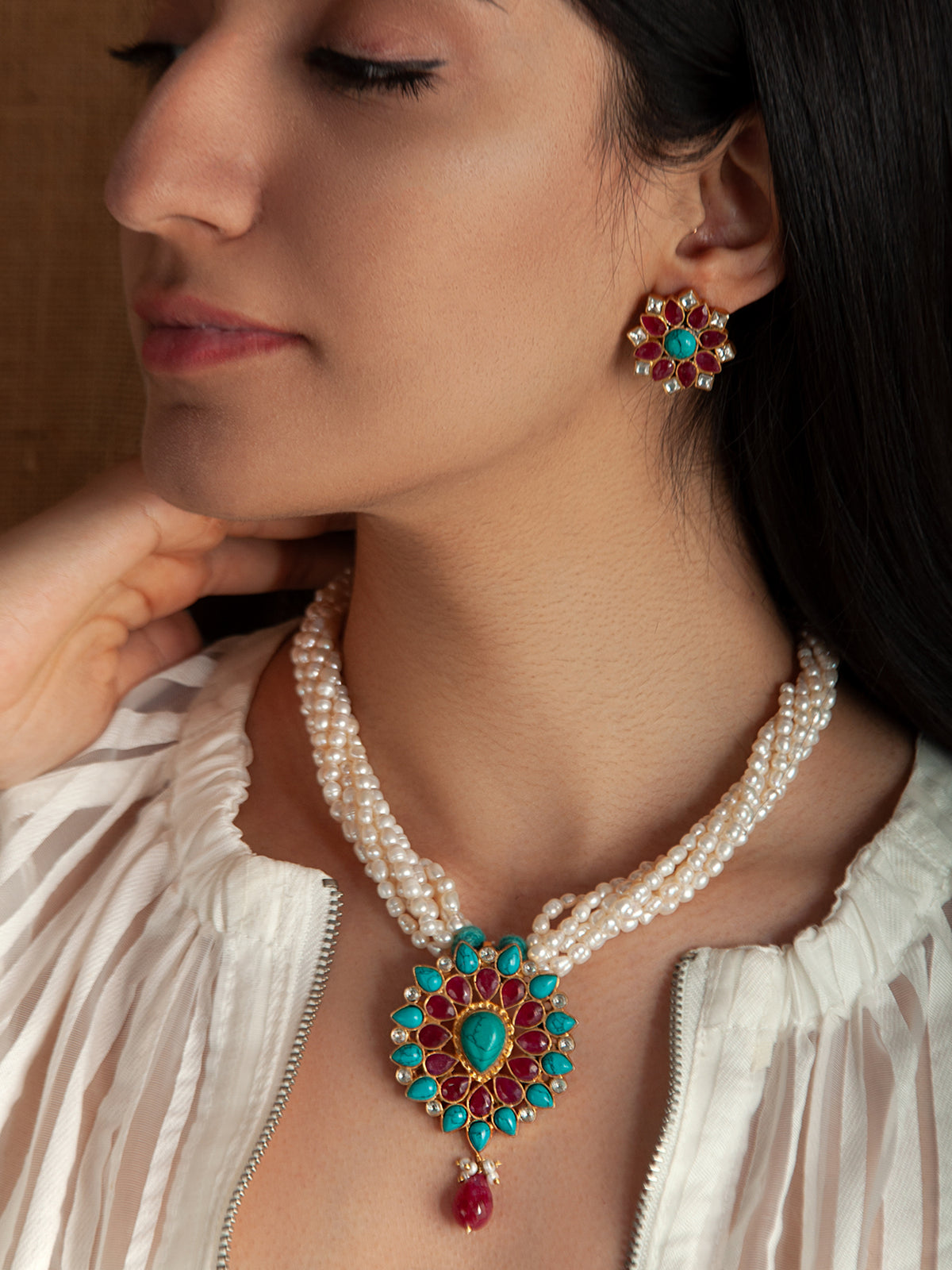 925 Sterling Silver 22K Gold Plated Pearl Beaded Necklace With  Turquoise and Ruby Gemstone view 1