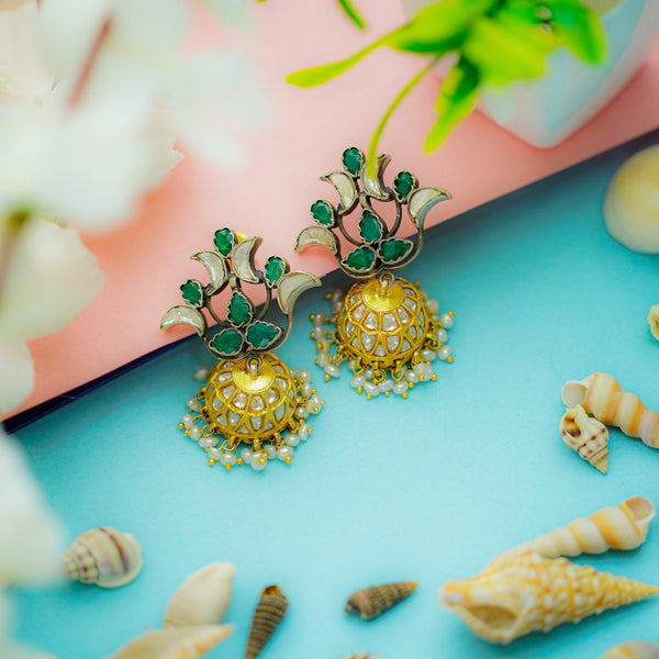 925 Silver Gold Plated Green Stone Earrings with Kundan Jhumki