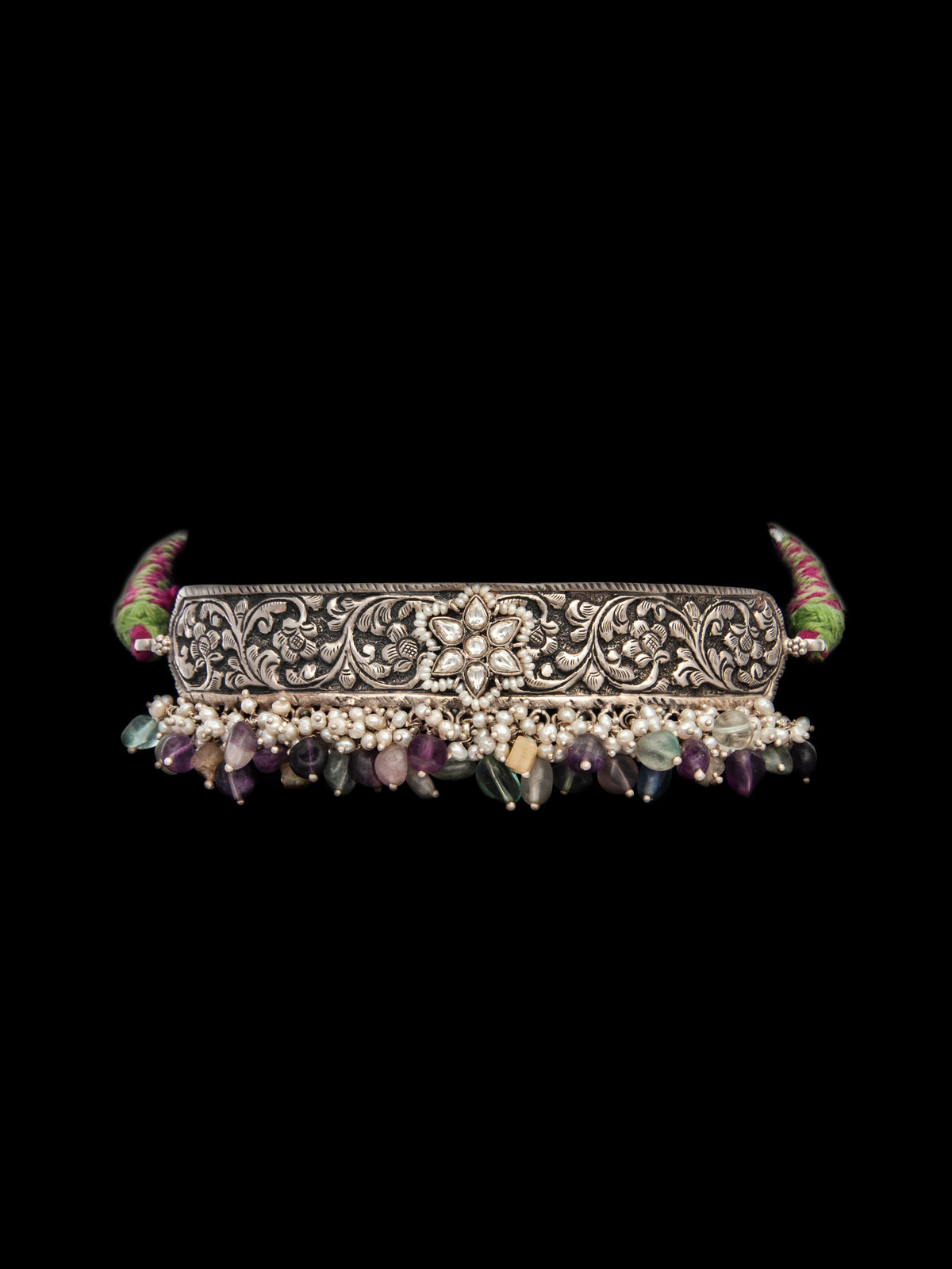 Silver Fusion Kundan Multicolor Drop Choker view 4