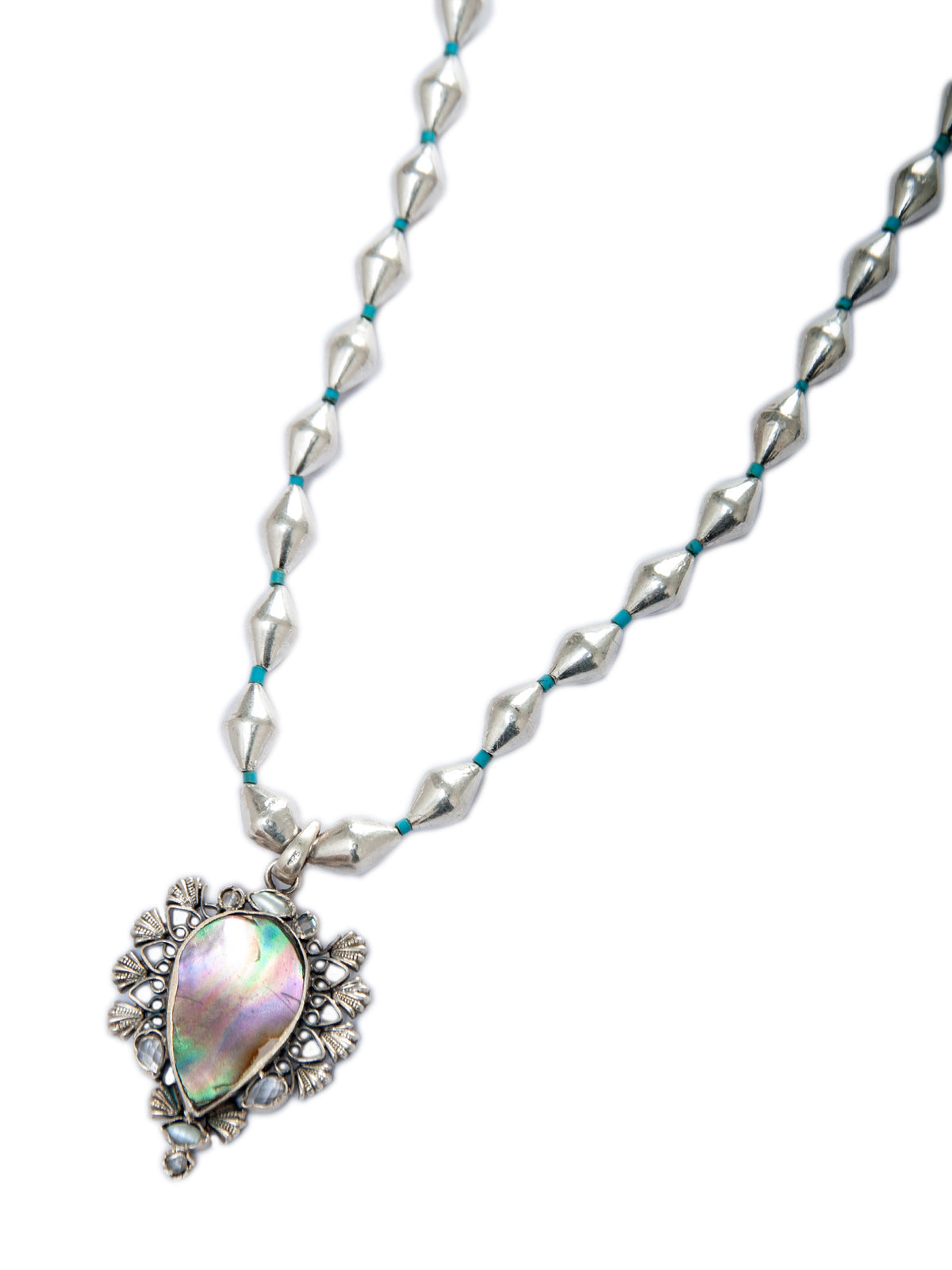 925 Sterling Silver Dholki Beaded Necklace With Pear Shaped Mother of Pearl Gemstone view 6
