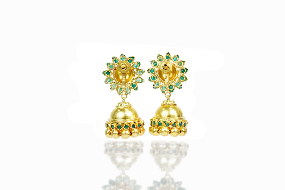 925 Silver Gold Plated Kundan Jhumki Earrings with Natural Green Gemstone view 3