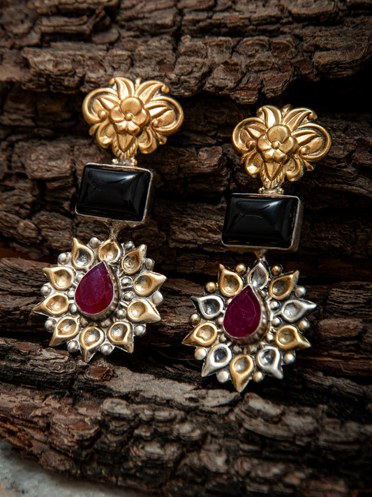 925 Sterling Silver Two Tone Earring with Black Onyx and Ruby