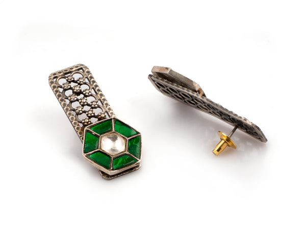 925 Sterling Silver Earrings with Green and White Kundan alternate