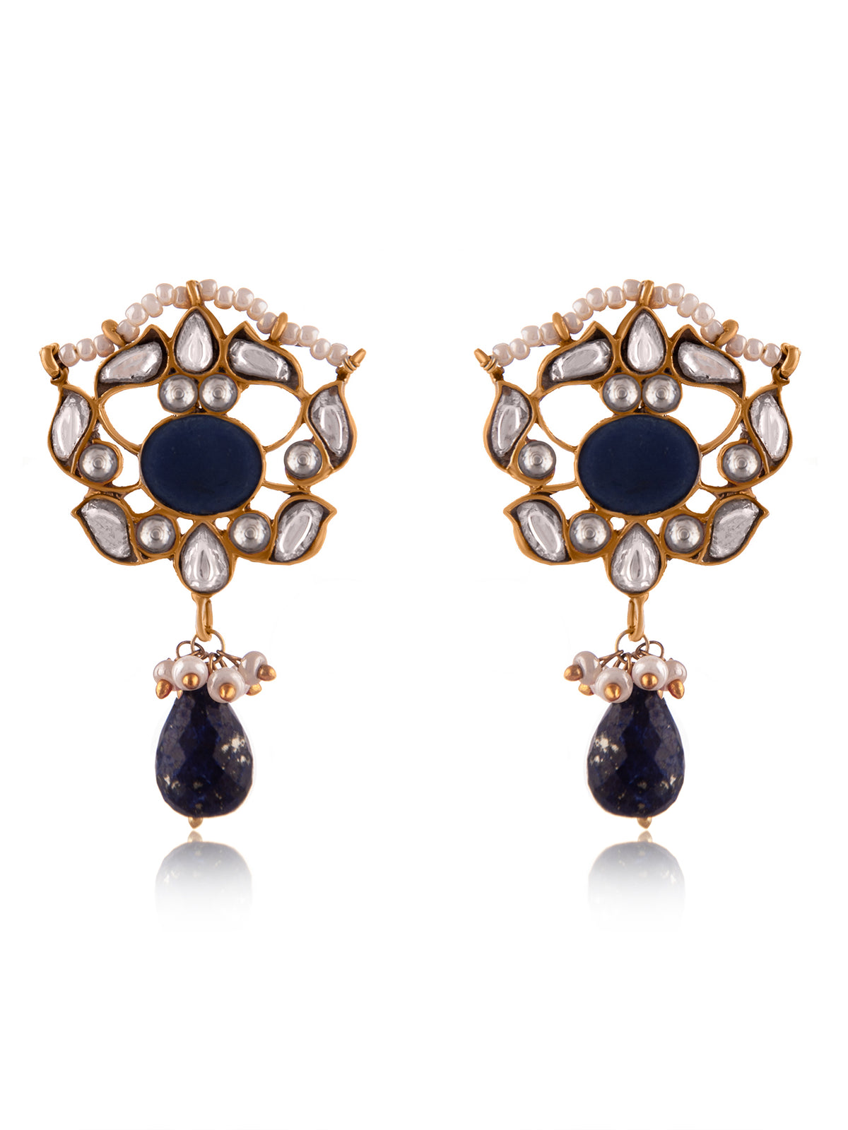 Silver Blue Lapis Kundan Earrings with Drop view 3