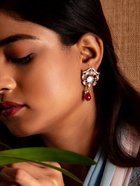 Silver Ruby Kundan Earrings with Drop view 1