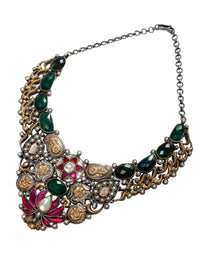 925 Sterling Silver Two Tone 22K Gold Plated Necklace With Labradorite, Pearl, Pink and White Kundan view 3