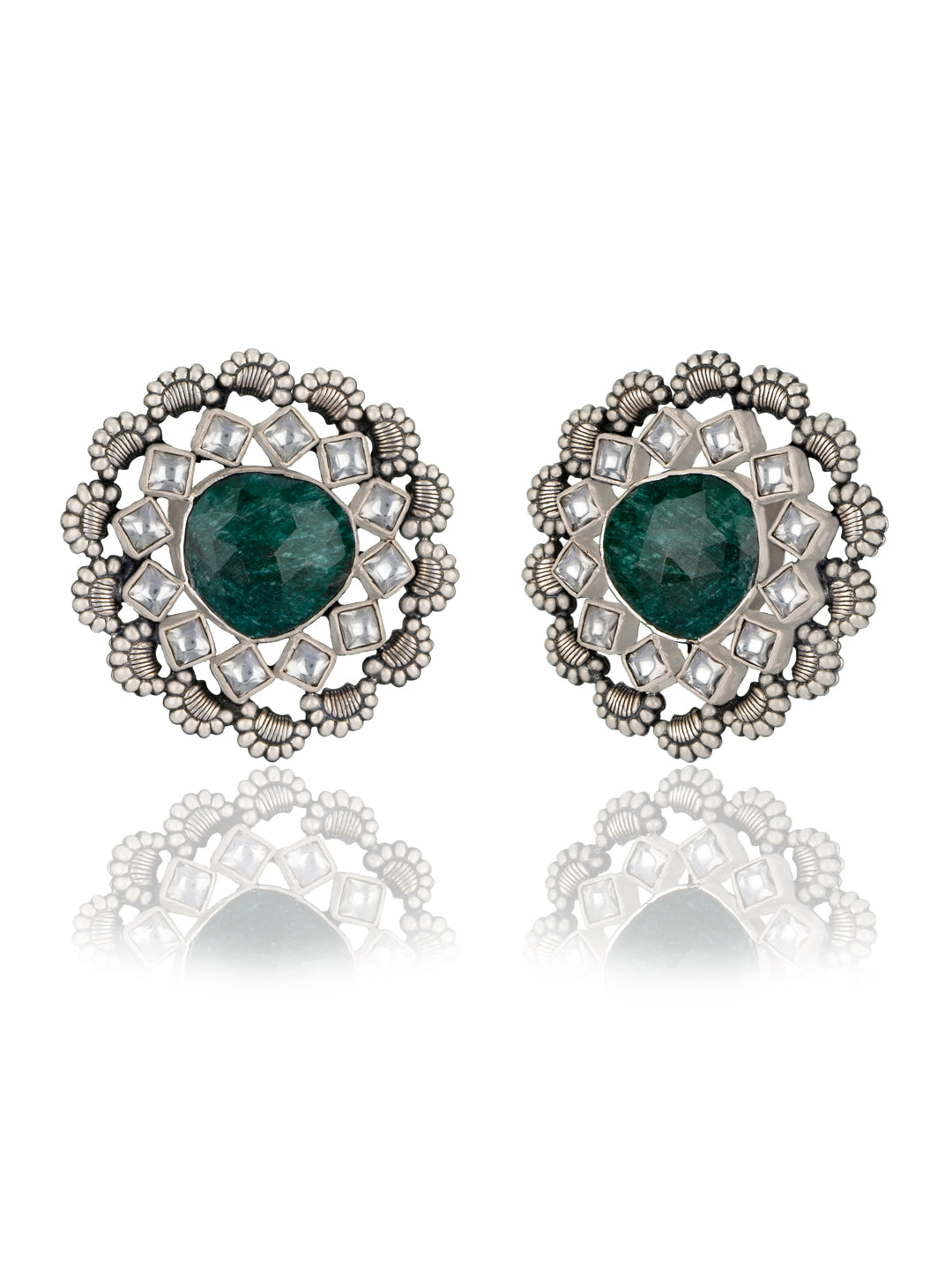 Intricate Kundan Studs with Sapphire Gemstone view 1