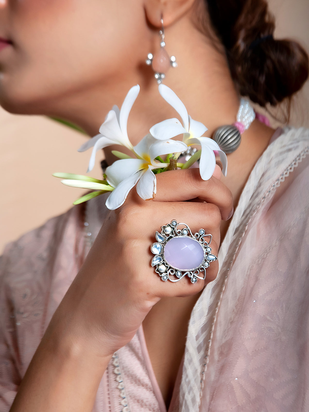Silver Rose Quartz Adjustable Ring with Pearl view 3