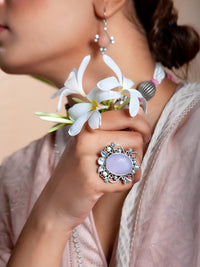 Silver Rose Quartz Adjustable Ring with Pearl view 3