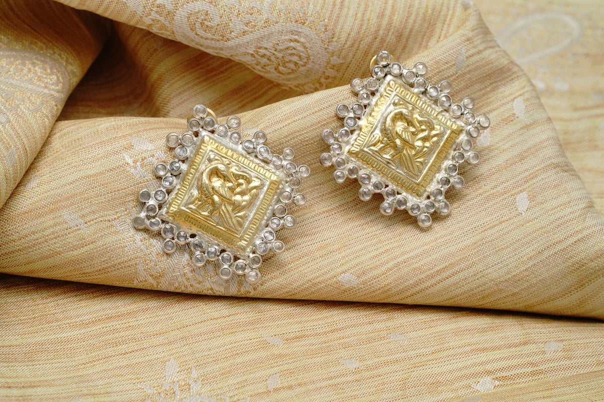 925 Silver Two Tone Peacock Earrings with Crystal Checkers view 2