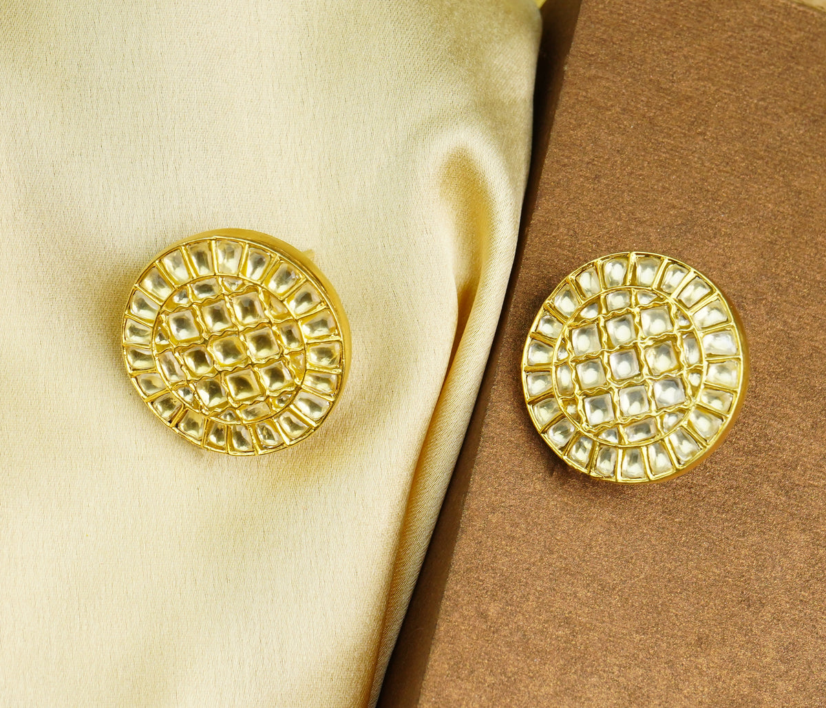 925 Silver Gold Plated White Kundan Round Studs view 3